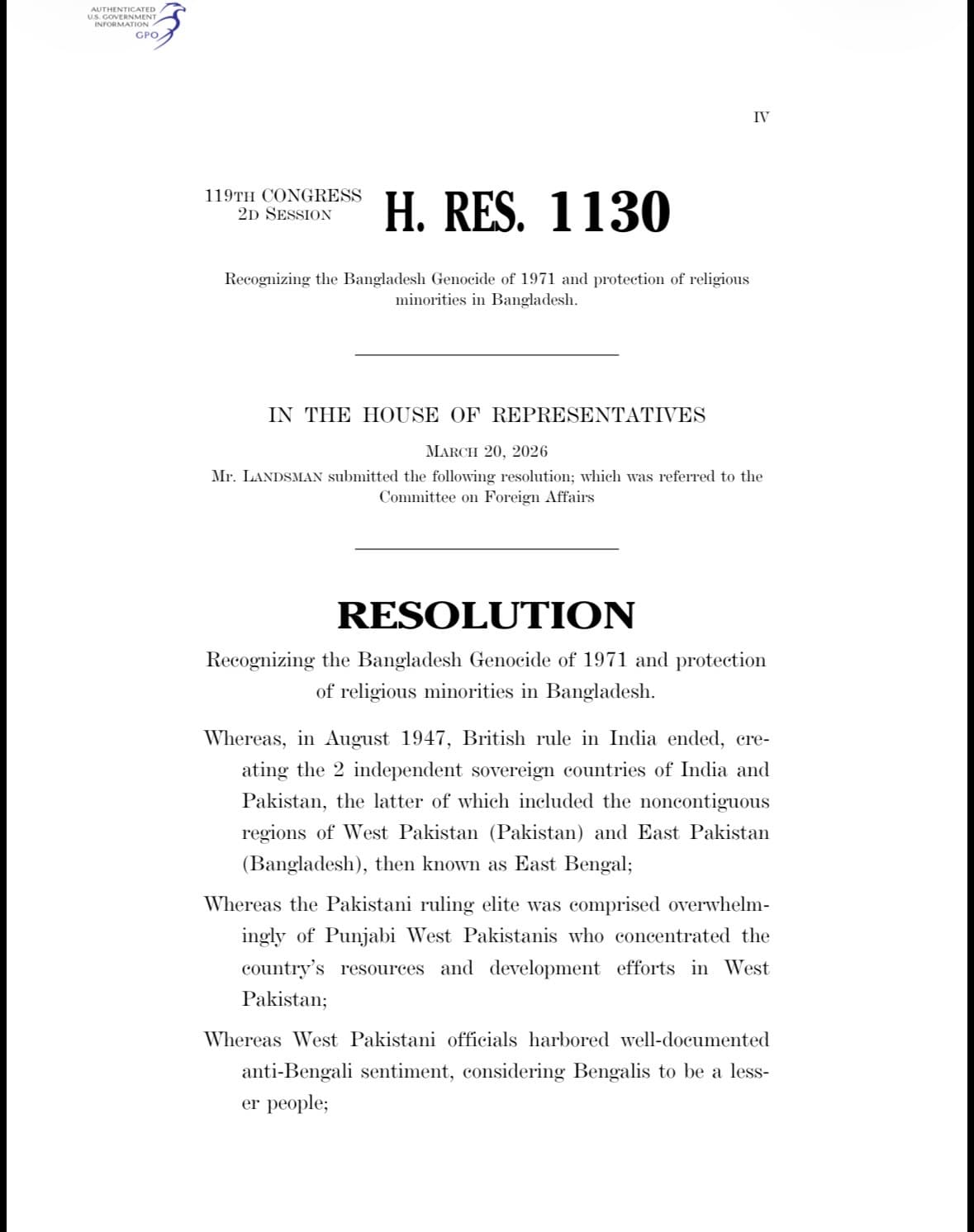 RESOLUTION - Recognizing the Bangladesh Genocide of 1971 and protection of religious minorities in Bangladesh